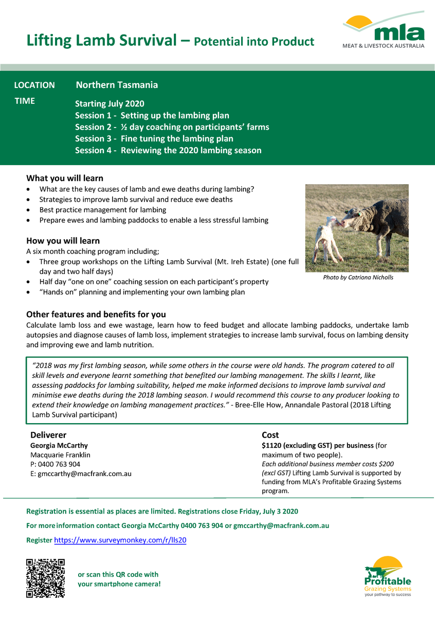 Regos open for Lifting Lamb Survival!🐑
Interested in improving your lamb &amp; ewe survival? Lifting Lamb Survival might be for you! Contact Georgia (details on flyer) for more information. Or register online bit.ly/LLS_2020. Regos close July 3 <a href="/meatlivestock/">Meat & Livestock Australia</a>