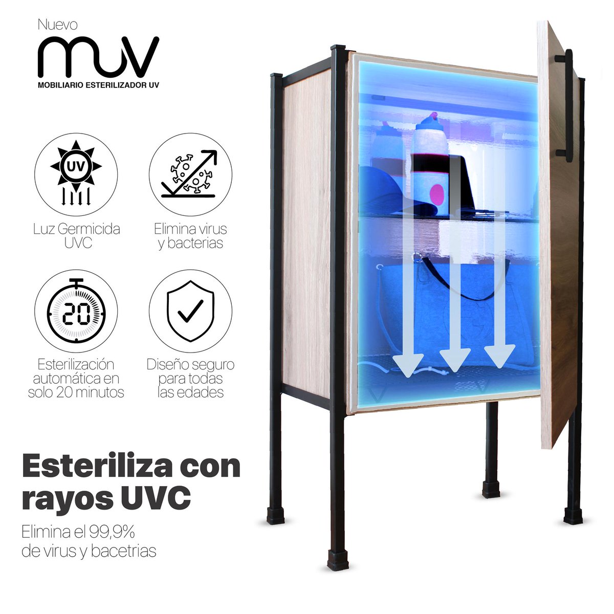 Hola Twitter, por la pandemia estoy con unos amigos empezando una línea de muebles que se llaman MUV. Son unos gabinetes que tienen un sistema de luz ultravioleta que esteriliza en 20minutos tus objetos personales al llegar a casa o negocio. Me ayudarían mucho compartiéndolo!!