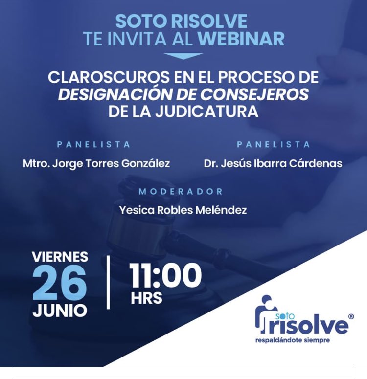 Este viernes 26, en punto de las 11 hrs. tendremos el #webinar: "Claroscuros en el proceso de designación de Consejeros de la Judicatura."

Regístrate en el siguiente link: bit.ly/Webinar26deJun…
