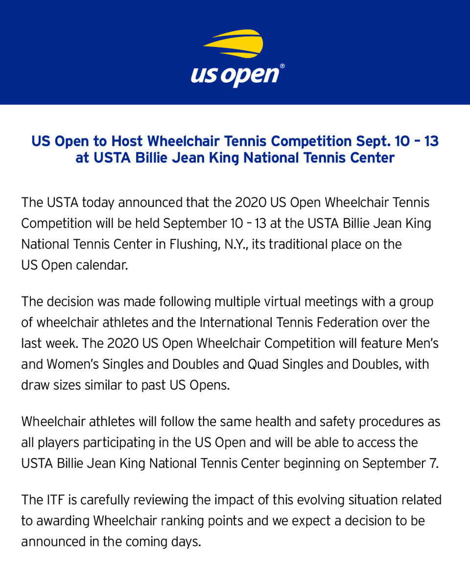 The US Open will host the Wheelchair Tennis Competition Sept. 10-13 at the Billie Jean King National Tennis Center in Flushing, N.Y. https://t.co/QAwwvp8PfA