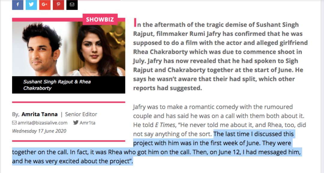Flipper_0947's tweet photo. Film maker Rumi Jafry said 
"Then, on June 12, I had messaged him, and he was very excited about the project"

This means he was looking fwd to the movie. Why will he commit suicide on June 14?

It's murder...!!! 

#ConsiderSSRMurderProofs 
#justiceforSushantforum https://t.co/XoKQmcWmyX