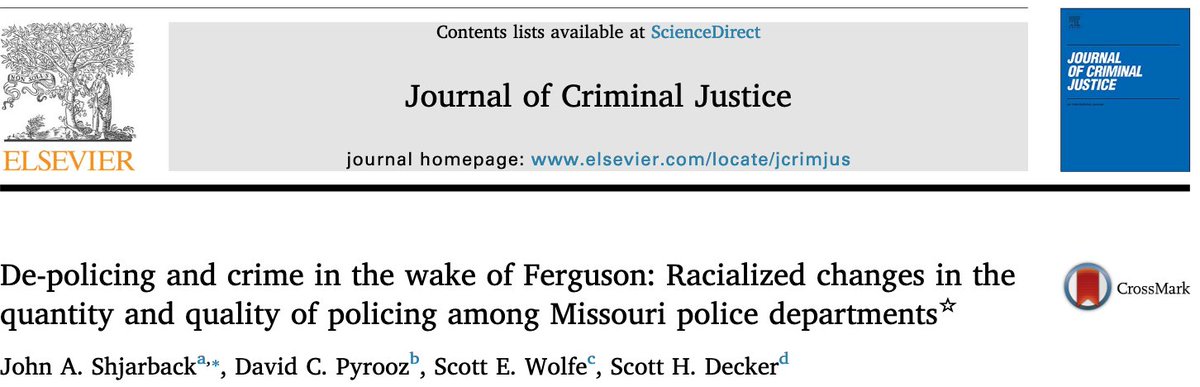 326/ "Police agencies in Missouri have indeed changed their behavior regarding traffic stops in the post-Ferguson era, most likely as a result of the intense public scrutiny... Yet, such a pullback in police activity has not led to more crime." ( @Scott_Wolfe_MSU)