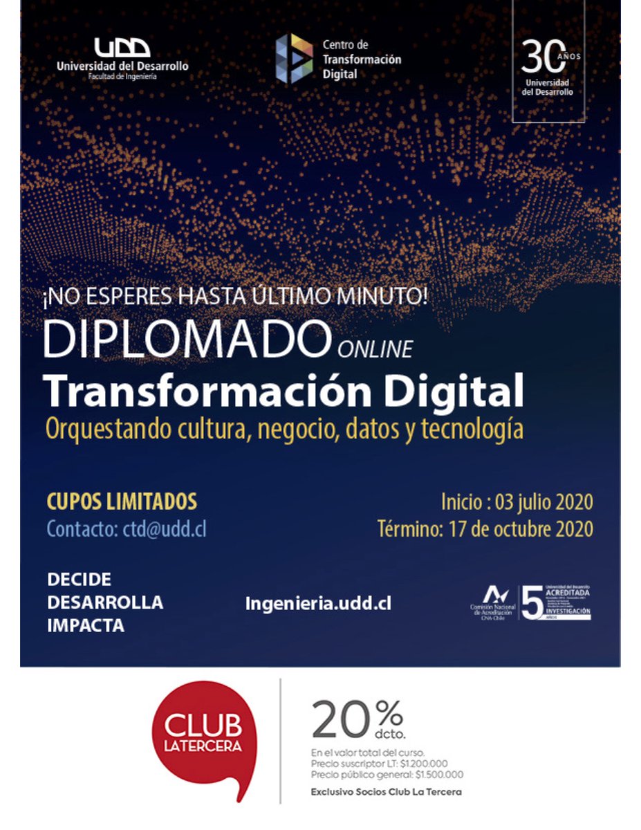 ctdudd's tweet photo. Conviértete en un  líder en Transformación Digital con el   Diplomado Transformación Digital: Orquestando Cultura, Negocio, Datos y Tecnología. 

Inicio: 3 de Julio 
Más información en https://t.co/2h7lqK6URM

#transformacióndigital #cultura #tecnología #datos #negocios #agilidad https://t.co/XQiz4uqIoI