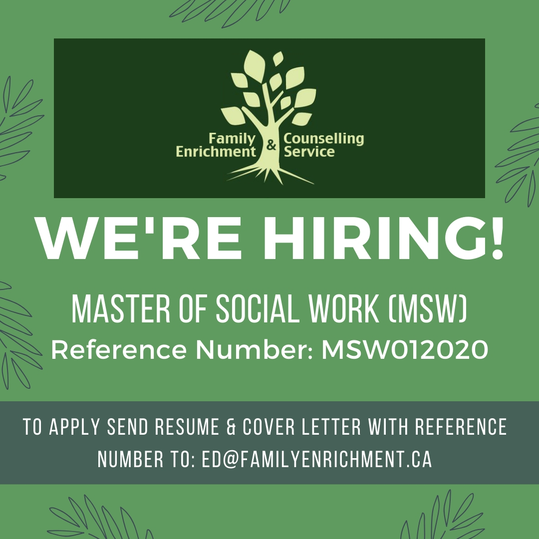 Family Enrichment is hiring a Master in Social Work for a counselling position!

Candidates are requested to send in their resume with a cover letter by email: ed@familyenrichment.ca or fax: 506-451-9437.

See our website for the full job description: familyenrichment.ca/careers/