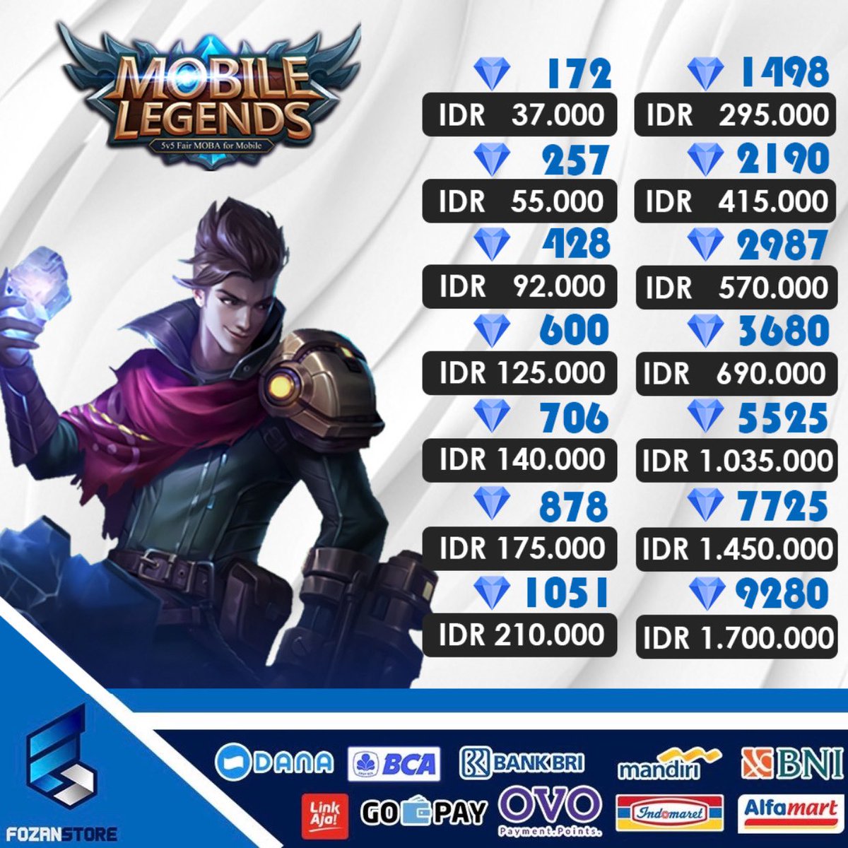 fozanstore's tweet photo. Top Up Game Murah & Cepat
by FOZAN STORE
Ready
- Mobile Legends
- Dragon Raja
- PUBG Mobile
- Free Fire
Proses hanya 1-10 menit. Via ID saja!!
Pembayaran sesuai foto ya kak. Order? DM kita!
#topupml #topupmobilelegends #mobilelegends #dragonraja #freefire #pubg #fozanstore https://t.co/QD65n11BWS