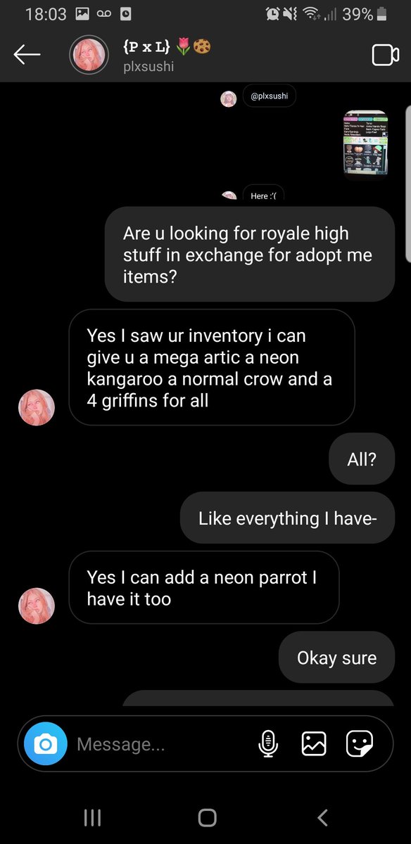 Megan09375439's tweet photo. @RoyaleHighSupp1 just to let you know theres a girl on instagram called @pxlsushi and she promised me a bunch of amazing pets in adopt me for my ENTIRE inventory but she scammed me out of everything I had, it possibly can you look back through what I traded her and may you- https://t.co/qNHdvoOk1A