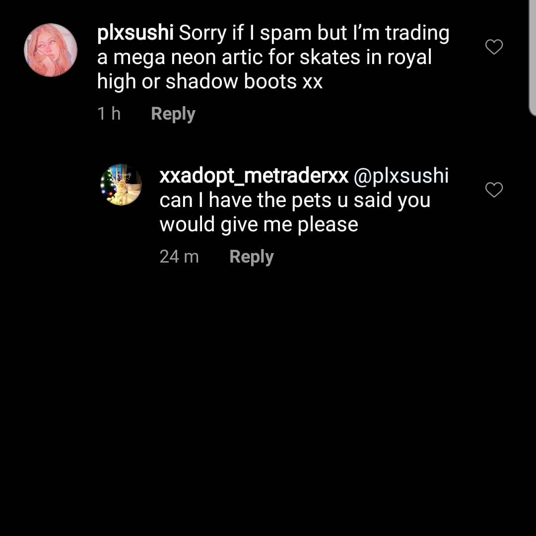 Megan09375439's tweet photo. @RoyaleHighSupp1 a girl on instagram promised some good adopt me pets and scammed me out of my entire inventory, could you possibly somehow get my inventory back by looking through a script of what I traded and take it out of her inventory?? It would be much appreciated. https://t.co/RsnxVr8779