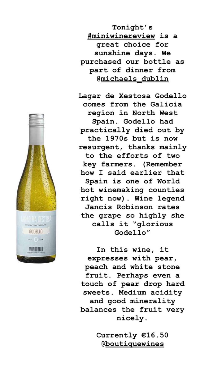 dudara's tweet photo. Tonight’s #miniwinereview features Lagar de Xestosa Godello from Galicia in NW Spain. We purchased this from @MichaelsCoDub and it’s also available from @BoutiqueWinesie https://t.co/xwWk45fDEw