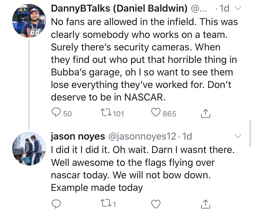 Jason Noyes joked that he was the one who put the noose in  #BubbaWallace’s garage. He thought the Confederate flag protests outside Talladega was “awesome.” Jason thinks hate crimes are funny.  #JasonNoyesIsRacist