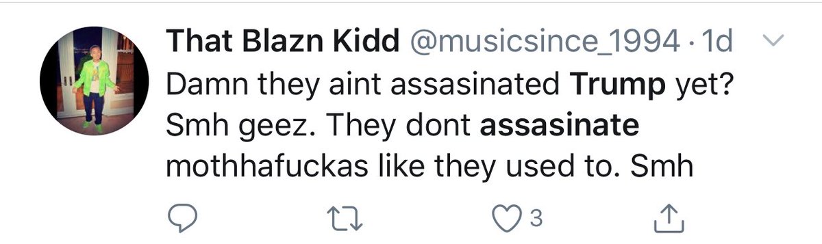 SaveUSASmallBiz's tweet photo. @TwitterSafety @TwitterSafety you censor Trump’s tweet yet why is @musicsince_1994 not banned? He is encouraging an assassination against @potus.
#TwitterHatesConservatives
#TwitterCensorship https://t.co/4qyDSrnWTF