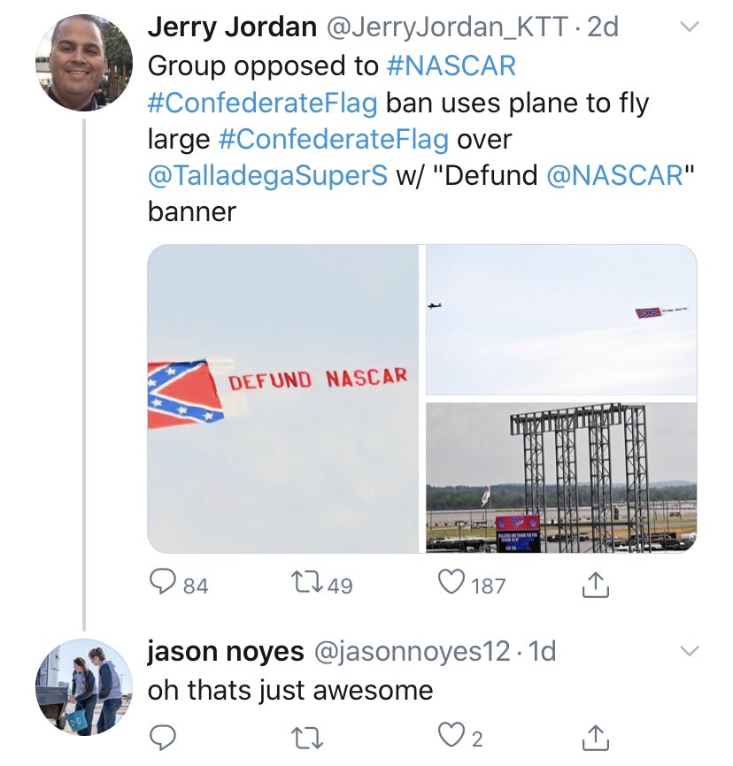 More tweets of Jason Noyes, owner of Noyes Appliance Repair in Pampa, TX applauding the Confederate flag protest of NASCAR’s race in Talladega.  #JasonNoyesIsRacist