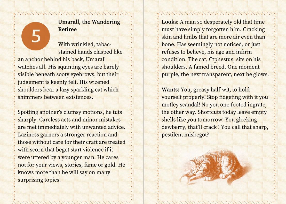 BlackpowderChef's tweet photo. A cranky retiree with a oft-incorporeal cat. What choice words will Umarall have for the foolish cretins of your party? 

Check out ALL NINE the NPC's of Bedlatha for free at https://t.co/dwl6m9VVzv #troika #dnd #5e #rpg #npc #cat https://t.co/ZBQVO6r4YE