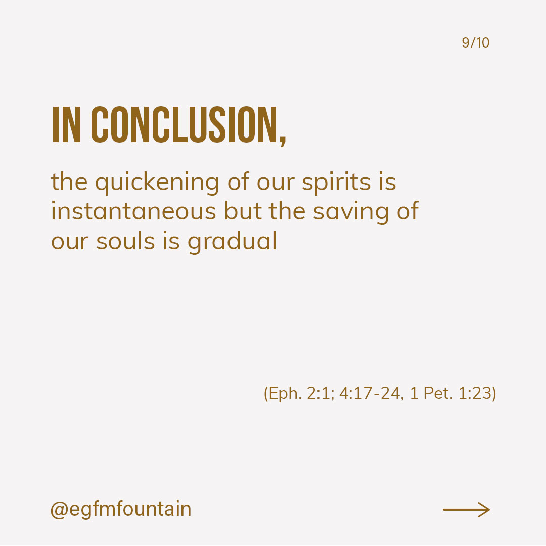 EGFMfountain's tweet photo. (3/4)
The salvation of the spirit makes one able to see the Kingdom of God and enjoy certain benefits, but what will one gain entrance and inherit the Kingdom is the salvation of the soul (John 3:3-5). 
#RevHelen #EGFM https://t.co/8mDROsrRTm