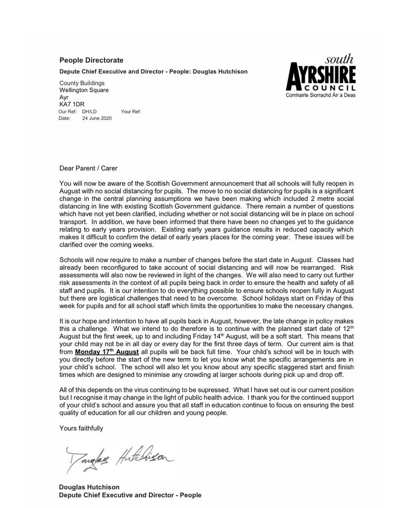 Following yesterday’s announcement from the Scottish Government, please see this update from South Ayrshire Council. This will be sent to all parents/carers in the morning. We will also continue to update you on more specific information regarding our return.