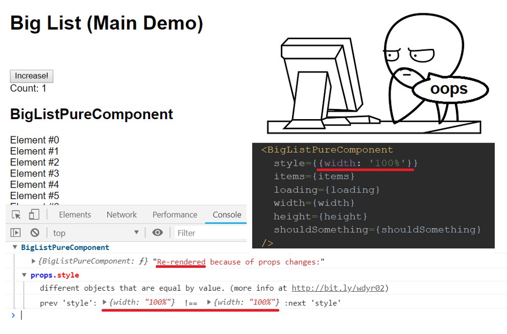 53) Debugging a React app? Not sure why a component gets rerendered?Another way to figure out why a component re-renders is to use why-did-you-render:  https://github.com/welldone-software/why-did-you-renderDemo pic from the docs: