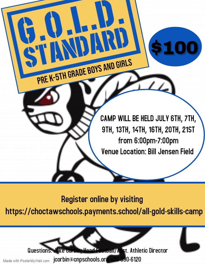 JakeCorbin's tweet photo. Less than 2 Weeks away from our 4th annual All GOLD Skills Camp!  
✅ Grades: K-5th (Girls and Boys)
✅ Movements for multiple sports
✅ Instructors: High School Coaches
✅ Starts July 6th
✅ Register: https://t.co/cyy2lnNNtR
#StingEm🐝🤙 https://t.co/VfVEInBeni