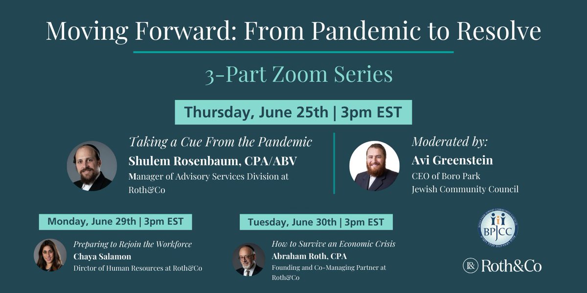 Roth&Co, LLP (@rothcocpa) on Twitter photo *Tomorrow!* We've collaborated with the <a href="/bpjcc/">Boro Park JCC</a> to create a 3-part zoom series, Moving Forward: From Pandemic to Resolve.
Click to register for Part 1 > zoom.us/webinar/regist… *Tomorrow!* We've collaborated with the <a href="/bpjcc/">Boro Park JCC</a> to create a 3-part zoom series, Moving Forward: From Pandemic to Resolve.
Click to register for Part 1 > zoom.us/webinar/regist…