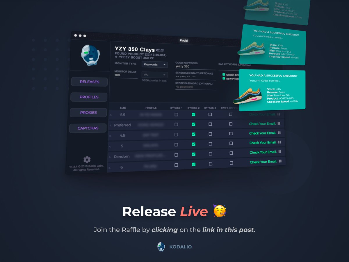 KodaiAIO's tweet image. 🥳 Kodai's restock raffle is now live! Enter for a chance to purchase Kodai "AIO".

raffles.kodai.io/releases/qoSNM…

‼️ Winners will be emailed a purchase link shortly after the raffle has ended and we have removed all fraudulent entries.

🎉 GOOD LUCK!