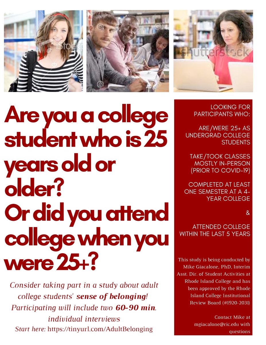 MikeGiacalone's tweet photo. Seeking participants for a study on adult (25+) college students' sense of belonging. Please share widely. DM for more info. Start here: https://t.co/lze59krlS9
#sachat #adulted #adulteducation https://t.co/qJgeZONtWP