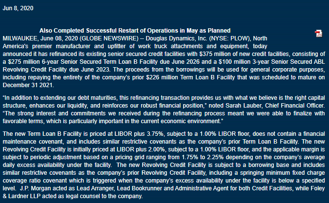  $PLOW re-financed and extended Credit Line.Brought back 99% of EEs in May.Went ex-dividend on 6/19. Payable 6/30.