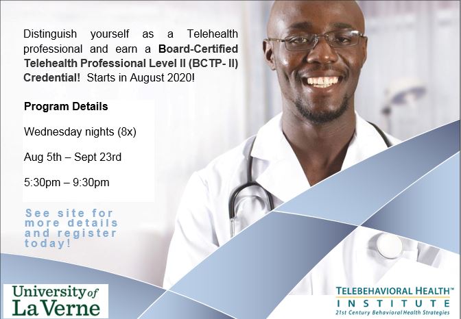 ulv_exlearning's tweet image. Register today for our Board-Certified Telehealth Professional Level II (BCTP- II) Credential program! Starts in August 2020! See site for more details and register today! lnkd.in/dEXi9Ez