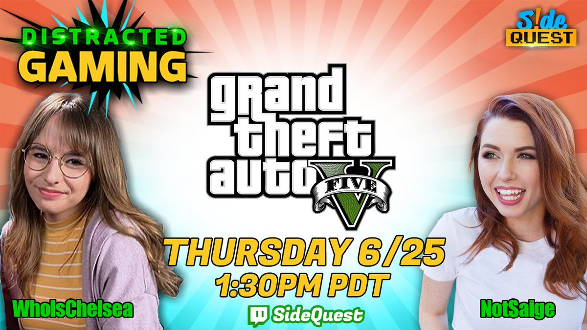 SideQuestLive's tweet photo. Save your channel points! #DistractedGaming will be on THURSDAY this week and were revisiting the wonderful world of #GTAV with @NotSaige and @whoischelsea_ https://t.co/TW49hXIaNv