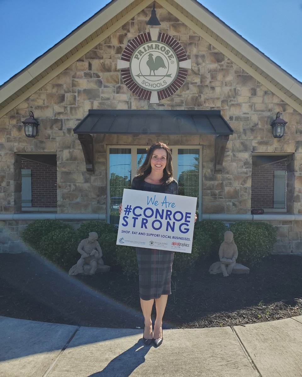 ConroeChamber's tweet photo. #ConroeStrong - Jennifer Millington, a board member and long time friend of the Conroe Chamber, displays her sign proudly because she knows strong Conroe businesses creates a community where her Primrose School graduates will grow up and call home. Thank you Jennifer! https://t.co/rDj4Q2JMOl