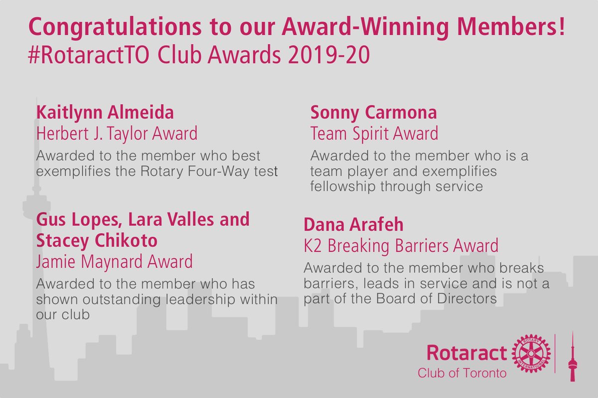 RotaractTO's tweet image. Every year at changeover, we announce the recipients of the club awards, chosen by our member's vote. Congratulations to the following outstanding Rotaractors who made the difference in 2019-20!

#RotaractTO #RotaryConnectsTheWorld #RotaryInternational