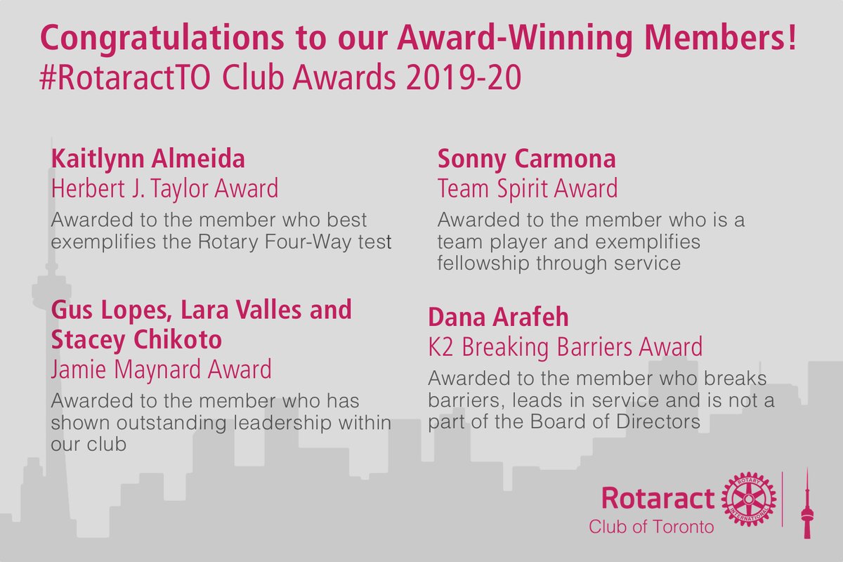 Every year at changeover, we announce the recipients of the club awards, chosen by our member's vote. Congratulations to the following outstanding Rotaractors who made the difference in 2019-20! #RotaractTO #RotaryConnectsTheWorld #RotaryInternational