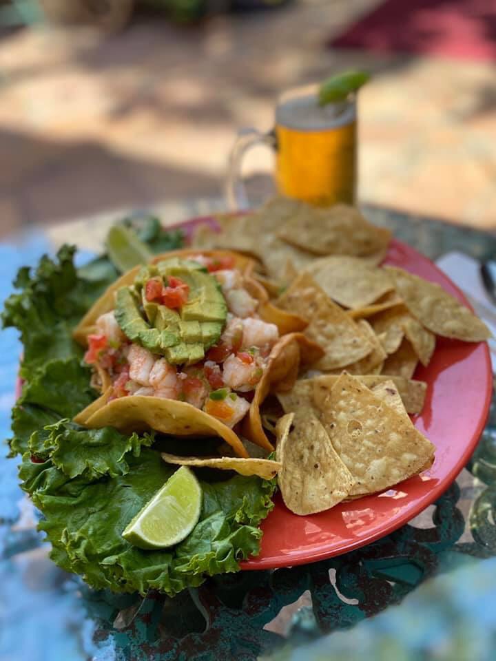 Is there a better summer time appetizer than shrimp ceviche? Even better with a beer in the courtyard! See you soon! #mexicanfood #mesilla #summertime