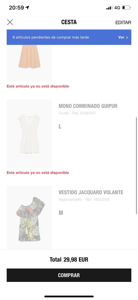 AfricaJdM's tweet photo. Menudo timo las rebajas de Zara!a la app deshabilitada hasta la 21 que empezaban la rebajas.Articulos en la cesta y favoritos para ir a tiro hecho y a las 20:58 ya no hay tallas disponibles cuando antes sí. #Amancioasíno #Zara #rebajaszara #zaratimadores #zaratimadoresenrebajas https://t.co/EfoXwlDzgU