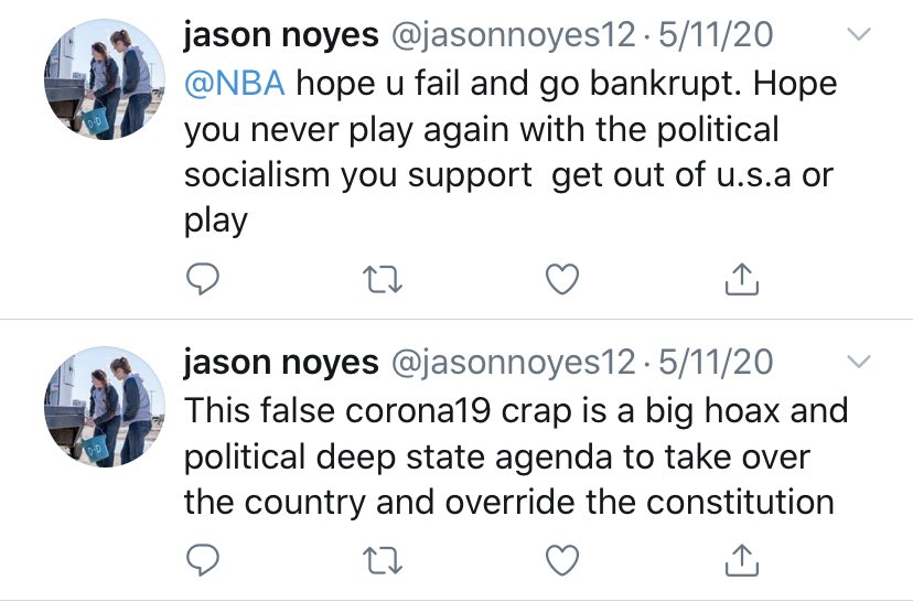 Jason Noyes is apparently a big Warriors fan. He also believes “false corona19 crap is a big hoax” wants the NBA to get out of the USA.  #JasonNoyesIsRacist