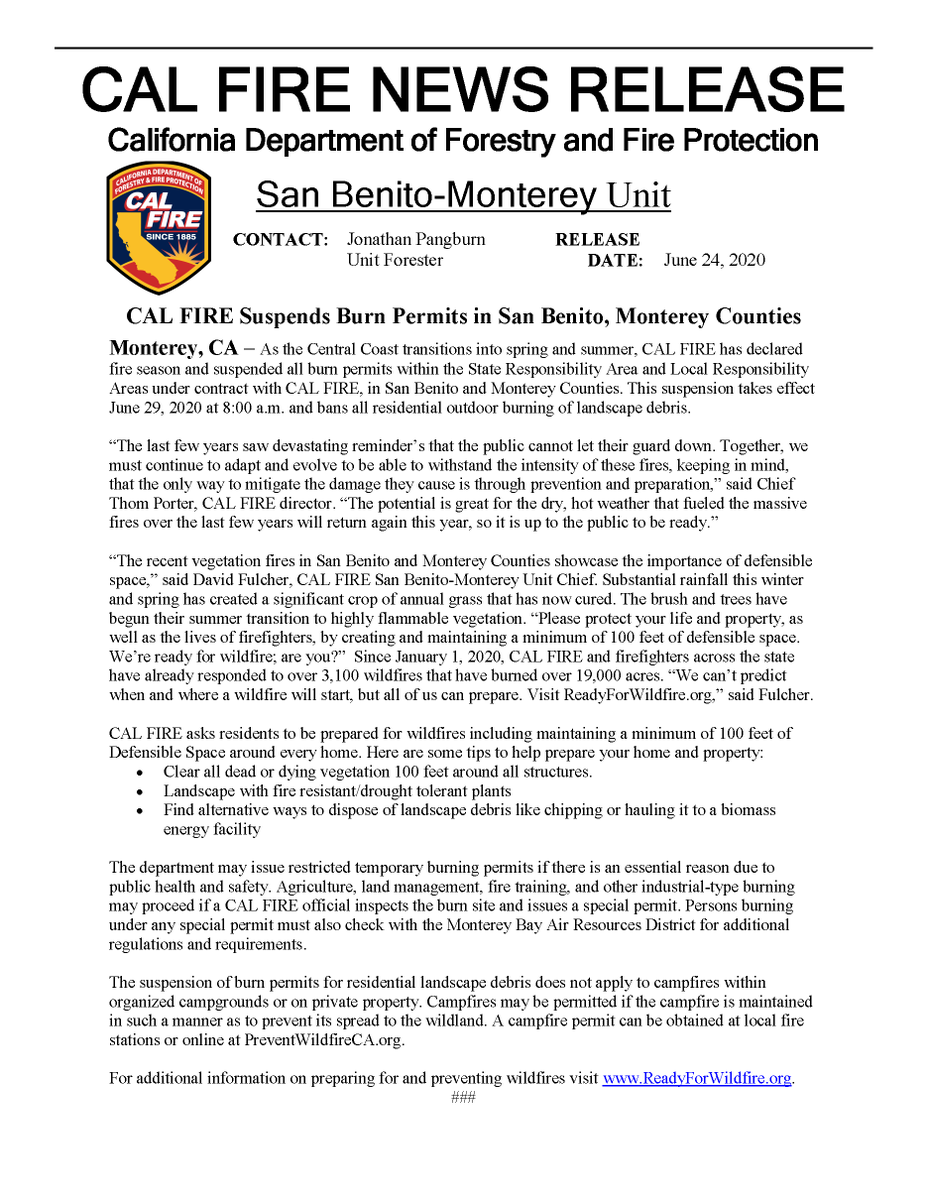 CALFIREBEU's tweet image. @CALFIREBEU is suspending burn permits starting Monday, June 29, 2020 at 8:00 a.m. Please see the attached press release for details. #ReadyForWildfire #OneLessSpark #OneLessWildfire #PreventWildfireCA