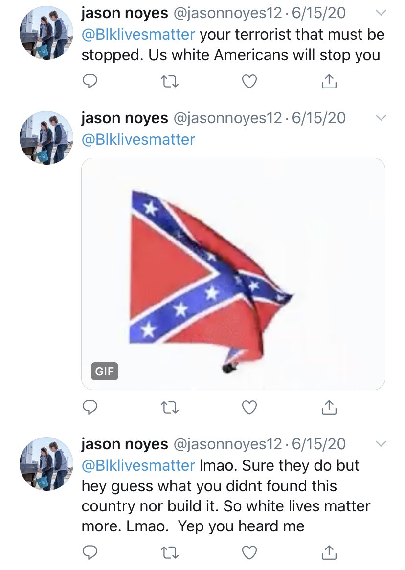 Jason Noyes, owner of Noyes Appliance Repair tweeted at Black Lives Matter saying Black folks didn’t found this county or build it and “white lives matter more.” Jason says BLM are terrorists and “white Americans will stop you.”  #JasonNoyesIsRacist