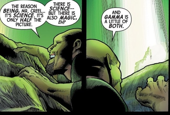 LATE POSTSCRIPT:The Leader's tale brings another recurring theme to Ewing's Immortal Hulk: the union of science and magic/mysticism/spirituality. That's a throughline in the tragic journey of Sam Sterns. Take a look at Puck's narration from Immortal Hulk #13, attached. (24/24)