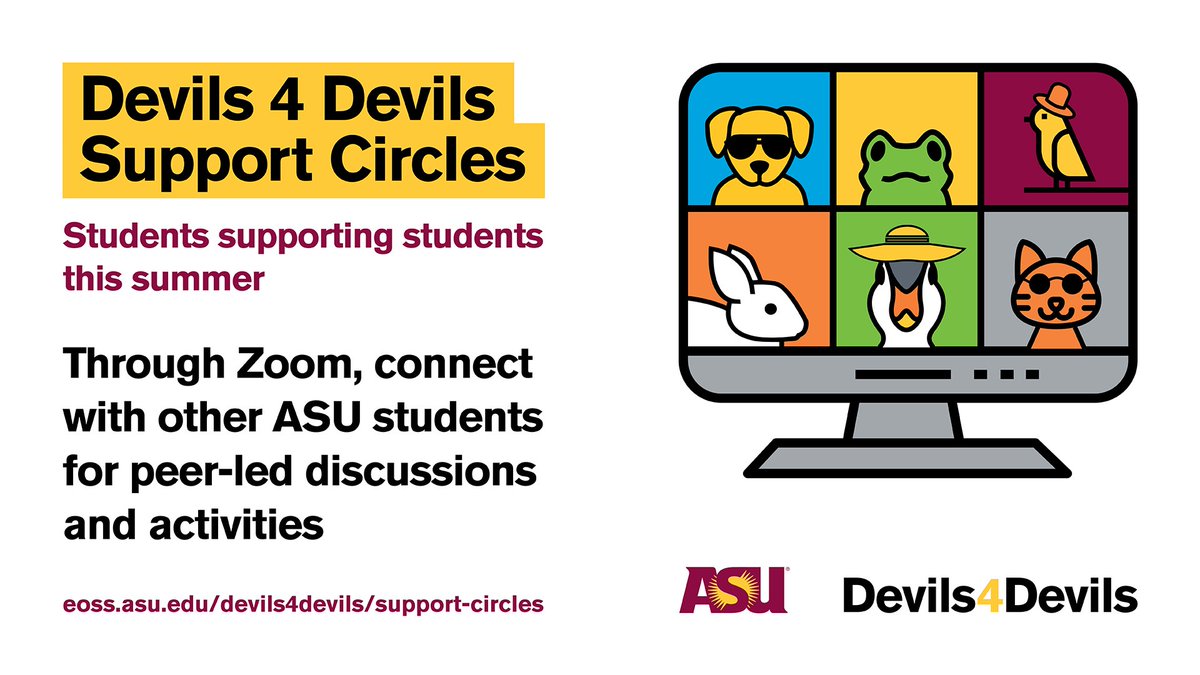 Sun Devils get together online this summer. Connect with the ASU Devils 4 Devils student organization for daily discussions and activities with your peers.