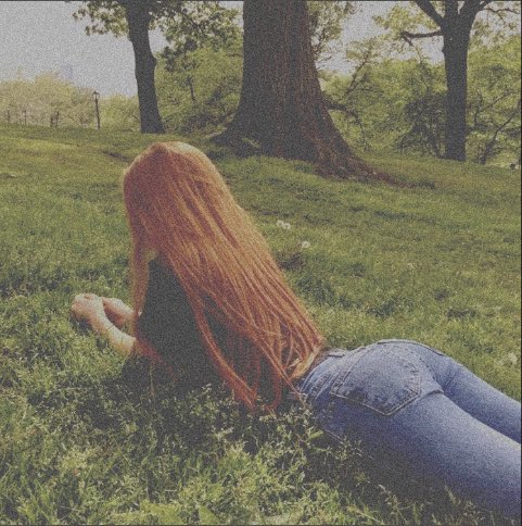 -

              she just lies bored 
                   in the fresh 
                grass, breathing 
                      𝘳𝘢𝘪𝘯𝘺 air.