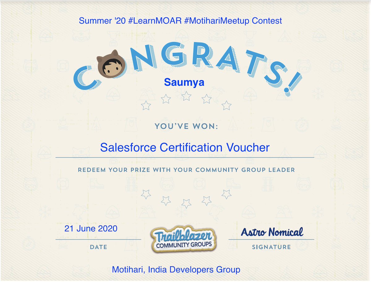 saumyasmhs's tweet photo. I am privilege to win the certificate voucher of the #LearnMOAR contest.
Many thanks @MotihariSFDG 
Sry 4 posting it late but my immense happiness doesn't decreases. 
u know what a honour it will be to organise a worshop in JMI.
#Trailblazer  #Motiharimeetup #trailblazercommunity https://t.co/Ihm0CylBXv