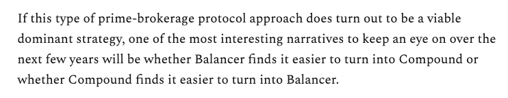 dan really brings this all together in his aquaponic yield farming essay, towards the end asking if its easier for  @compoundfinance to add  @BalancerLabs functionality or the reverse https://twitter.com/delitzer/status/1275843818202394630?s=20