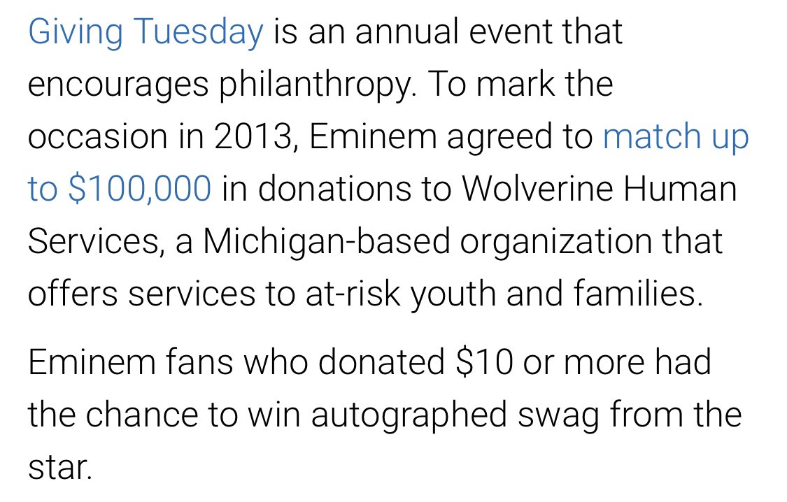 eminem also backed a Wolverine Human Services crowdfunding campaign held on Giving Tuesday in 2013, raising about $120,000, including a matching grant from the Marshall Mathers Foundation.