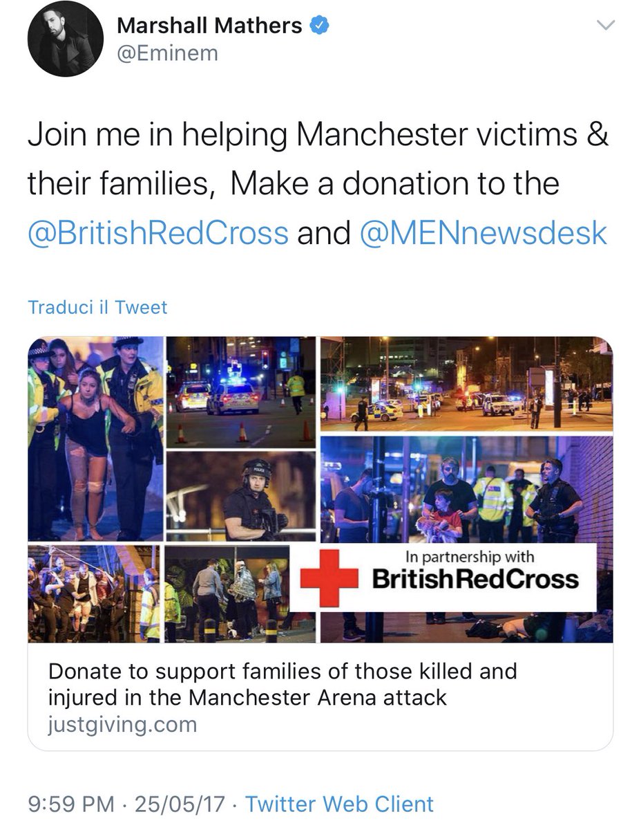 in may 2017, eminem has lent his support to the ongoing charity appeal for victims of last week's terrorist attack in Manchester, helping raise almost $3 million.
