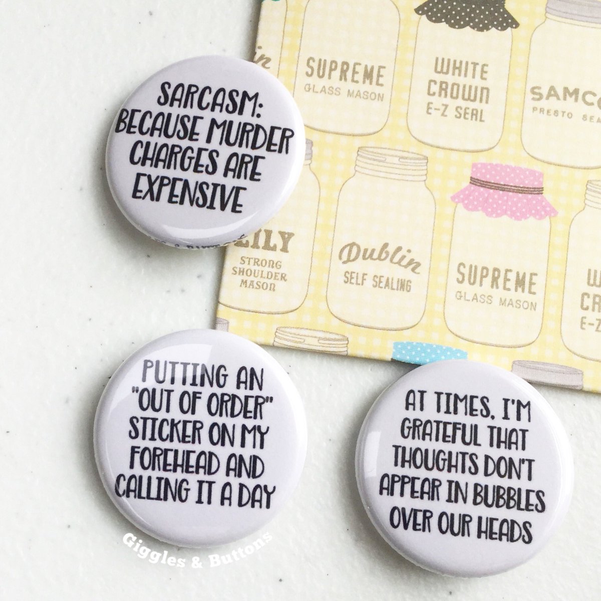 TrendyTwine's tweet image. A few giggles for your midweek 🤣 #buttons #pinbacks #pins #flair #pinbackbuttons #funny #sarcastic #justforlaughs #WednesdayMotivation #gigglesandbuttons