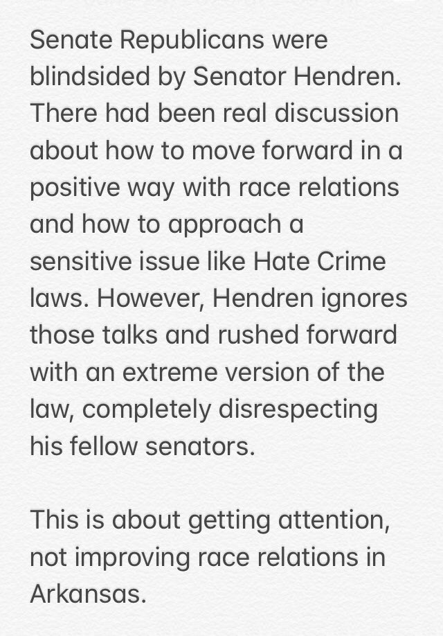 DEVELOPING: <a href="/KATVNews/">KATV News</a> has obtained a copy of the Hate Crime law bill drafted by Sen. Jim Hendren &amp; Rep. Nicole Clowney—but not everyone is on board with this proposal... A Republican senator, who wanted to remain anonymous, says they were “blindsided” #arnews #arpx #arleg