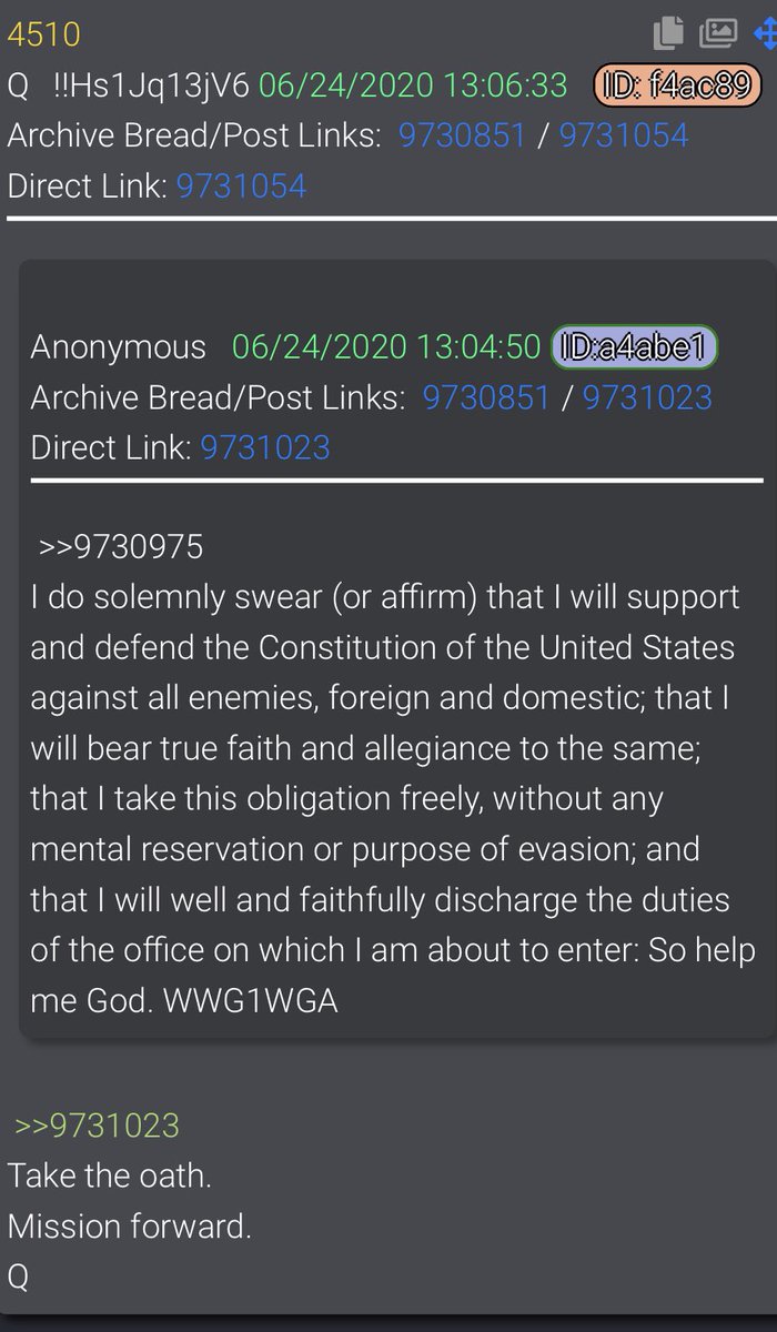  #QAlert 6/24/20 Q4510Take the oath.  @POTUS  #QAnon  #WWG1WGA  #QArmy