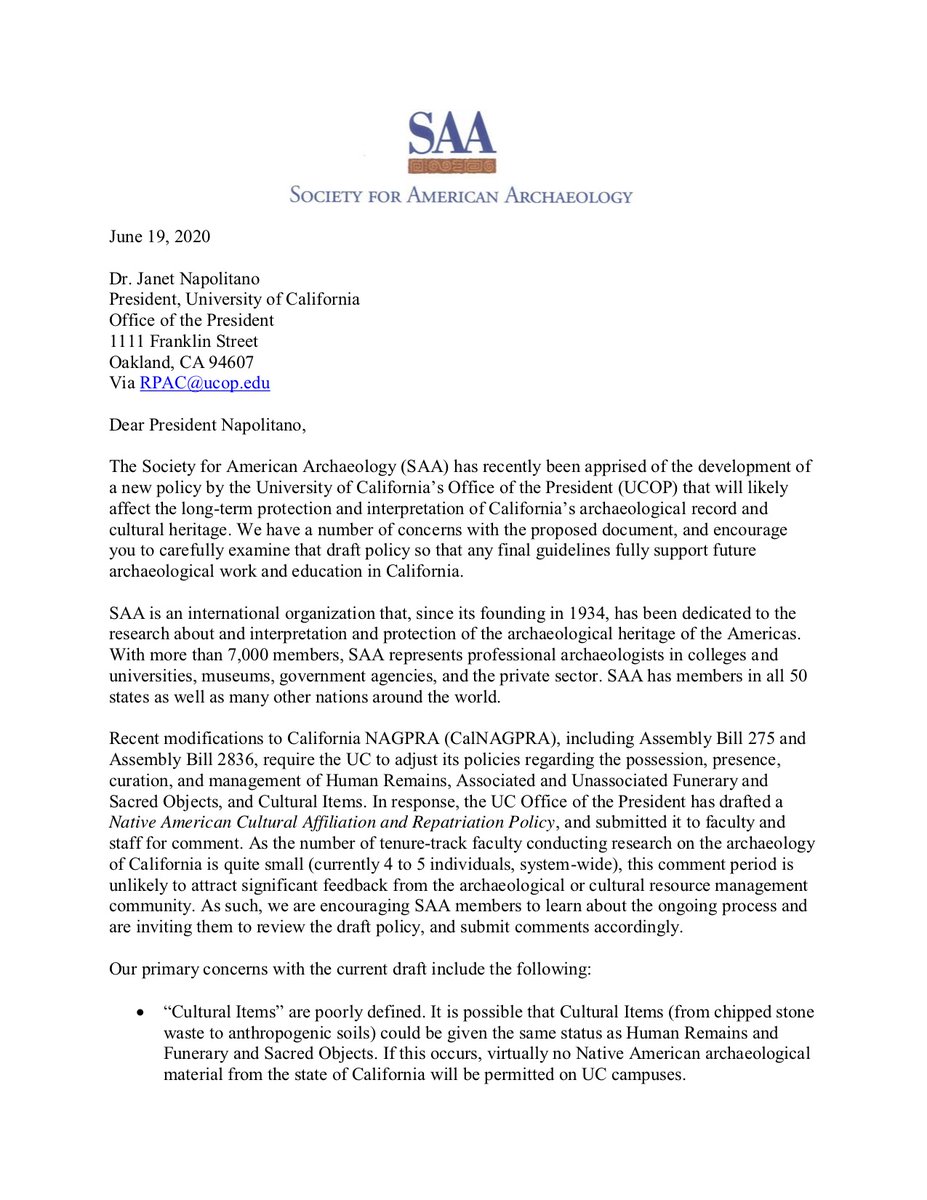 Here is the letter to UCOP sent on Juneteenth, signed by the SAA President. It is a full sale endorsement of Loukas Barton and Micah Hale's positions.  #archaeology  #NAGPRA  #Repatriation