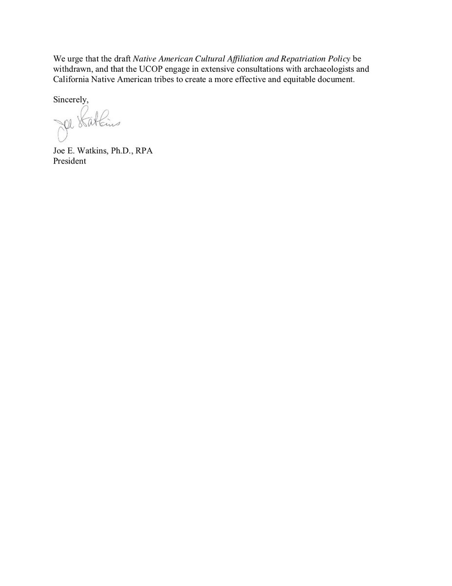 Here is the letter to UCOP sent on Juneteenth, signed by the SAA President. It is a full sale endorsement of Loukas Barton and Micah Hale's positions.  #archaeology  #NAGPRA  #Repatriation