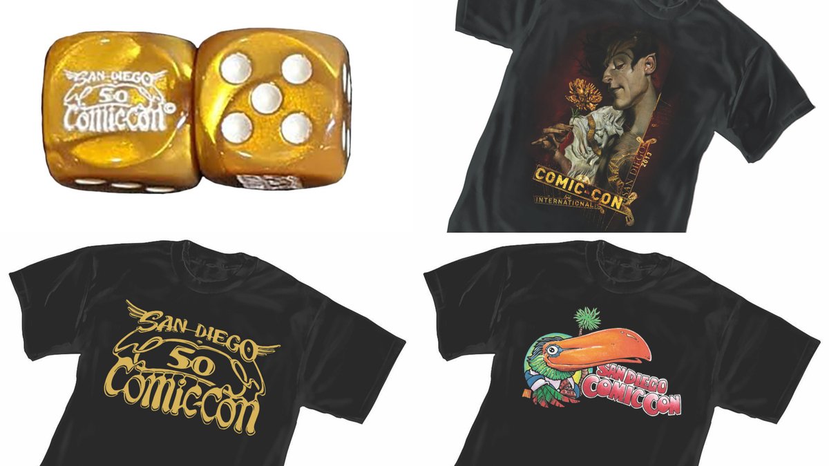 Shop our vintage collection! We’re opening up the vault again to offer a limited supply of vintage Comic-Con gems: 2013 Sandman event shirt, 2019 “winged” 50th logo special reprint shirt, 2019 80's SDCC Toucan logo shirt, and 2019 gold "winged" 50th dice. bit.ly/2AX0PGA