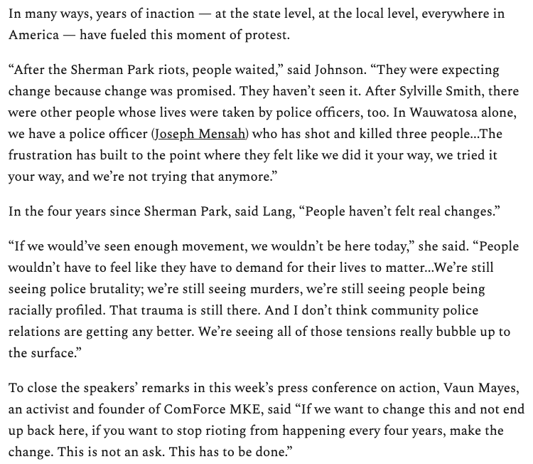 In recent interviews about the  #BlackLivesMatter   policy fight, I was told repeatedly that the inaction from elected officials after events like the unrest at Sherman Park led directly to the protests happening now.  https://recombobulationarea.substack.com/p/black-lives-matter-the-urgency-of