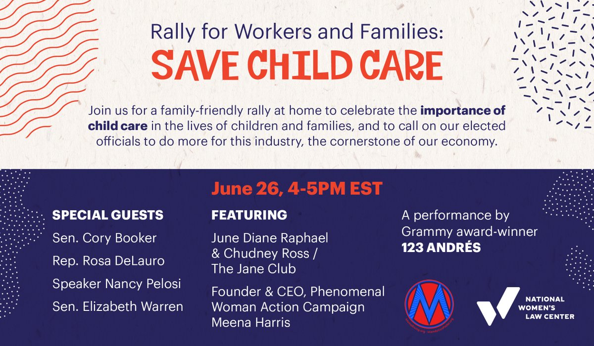 nwlc's tweet photo. Our nation’s child care industry is in crisis and may not survive the COVID-19 pandemic. 

That's why we're rallying at home to call on elected officials to do more for workers, families, and the child care industry as a whole. Join us tomorrow! https://t.co/EdSaVl0u2F https://t.co/joqtvtsppY