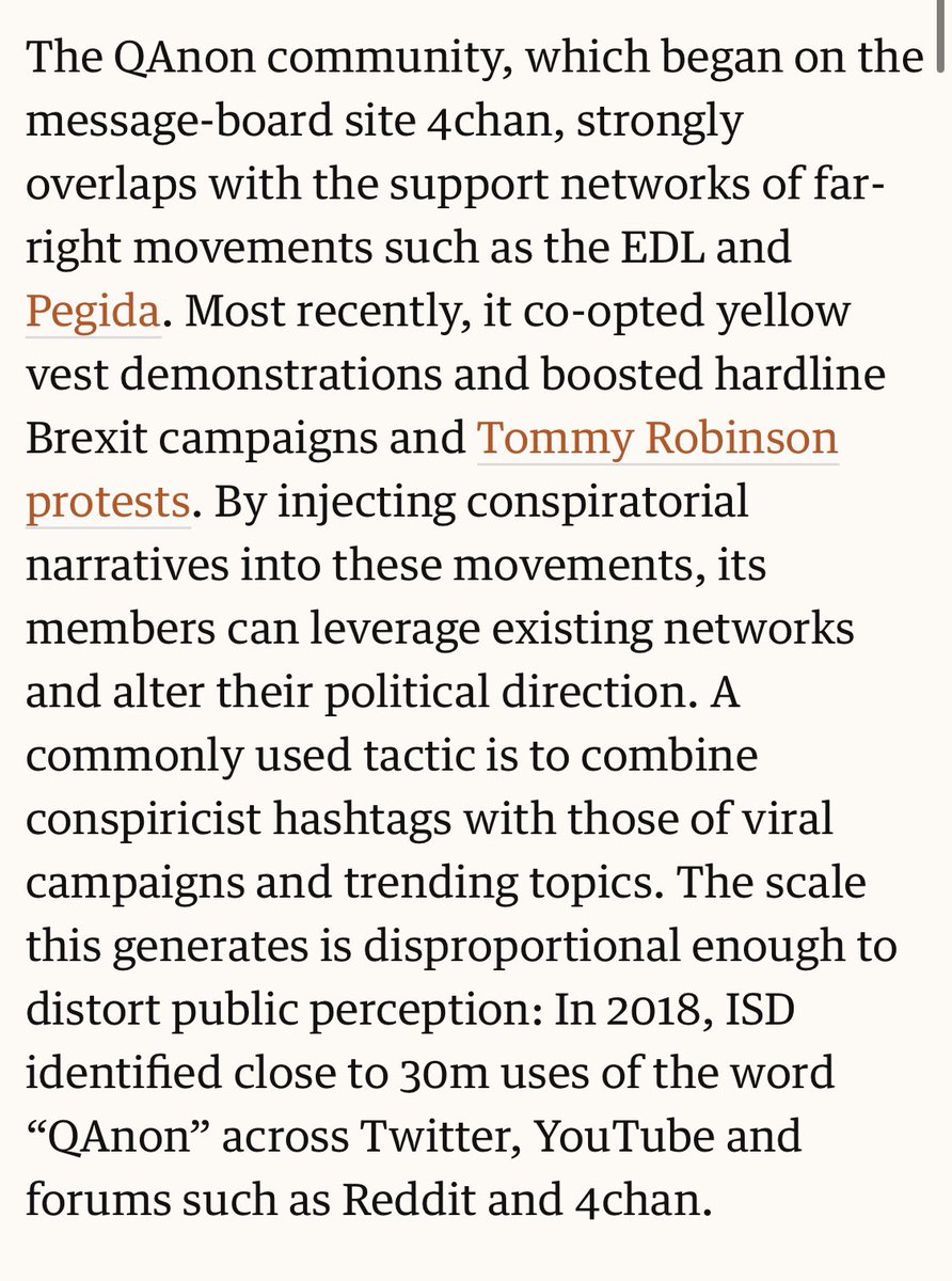 Worth remember - Feb 2019 https://www.theguardian.com/commentisfree/2019/feb/18/online-conspiracy-theorists-democracy"The scale this generates is disproportional enough to distort public perception: In 2018, ISD identified close to 30m uses of the word “QAnon” across Twitter, YouTube and forums such as Reddit and 4chan."Numbers today dwarf past